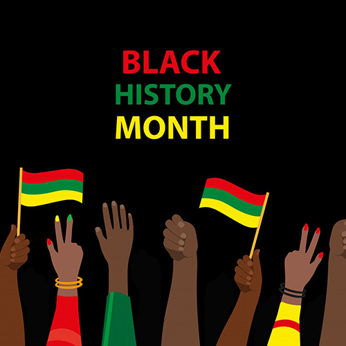 raised arms of Black people, some holding Black History Month flags with the words 'Black History Month' on black background